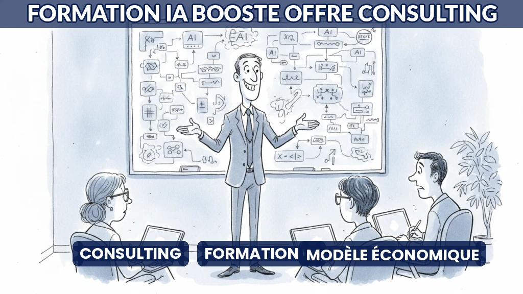 Consultant formant une équipe à l'IA avec des outils numériques.