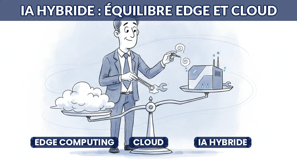 Illustration d'une balance entre un nuage et un appareil local, symbolisant l'équilibre edge-cloud.