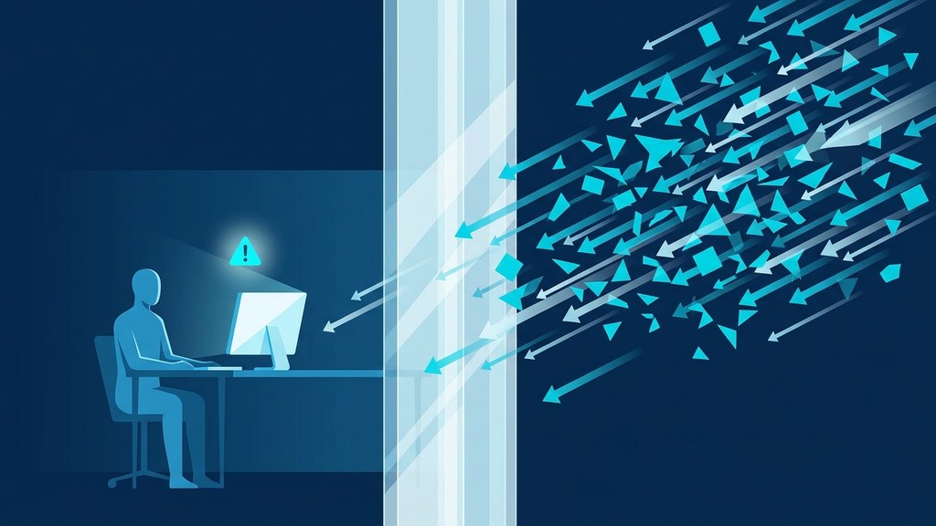 Illustration bleue : une personne seule devant une alerte à gauche, un flux dense et rapide traversant la barrière à droite