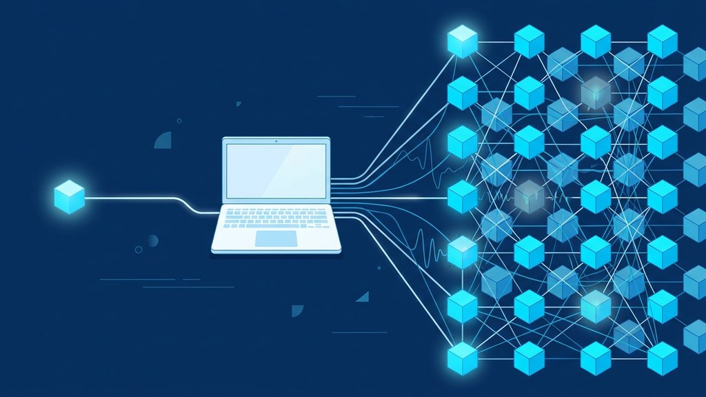 Illustration bleue montrant un agent IA unique relié à un ordinateur portable, puis démultiplié en un parc dense d'agents interconnectés