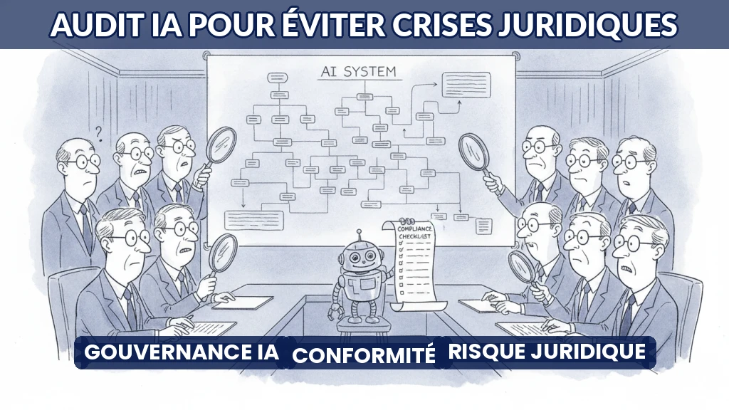 Illustration d'un audit d'IA avec documents et loupe, style épuré.
