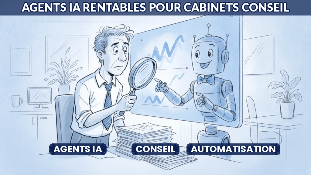 Illustration d'un agent IA assistant un consultant dans un bureau moderne.
