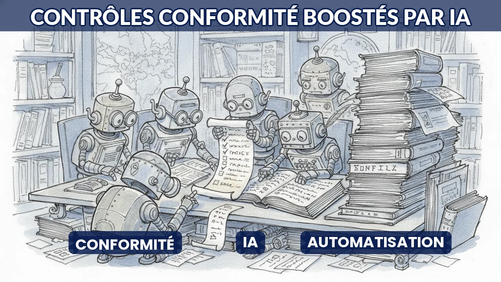 Illustration de robots analysant des documents réglementaires pour la conformité interne.