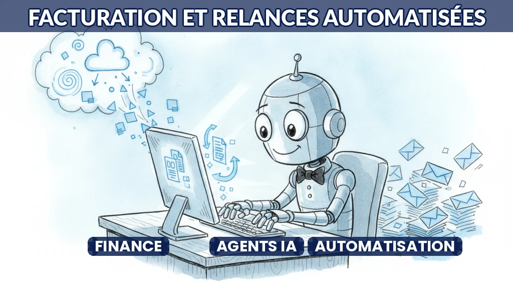 Illustration d'un agent IA gérant des factures et relances automatiques.