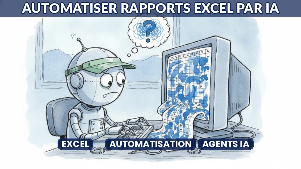 Robot analysant des données sur un écran d'ordinateur avec Excel ouvert.