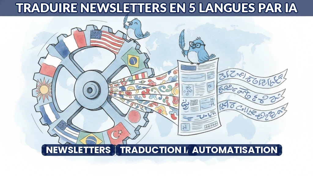 Illustration d'un engrenage traduisant automatiquement une newsletter en plusieurs langues.