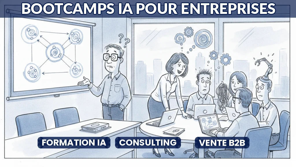 Illustration d'un atelier IA en entreprise avec formateurs et participants