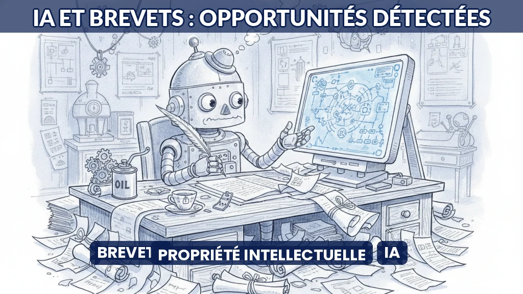 Illustration d'un robot analysant des documents de brevets sur un écran numérique.