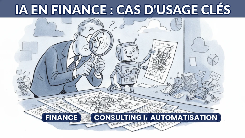 Illustration de consultants analysant des données financières avec l'IA.