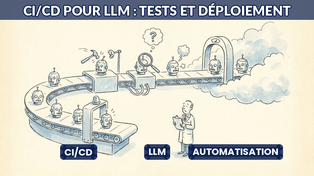 Illustration d'un pipeline CI/CD automatisé pour des modèles d'IA, avec flux de données et tests intégrés.