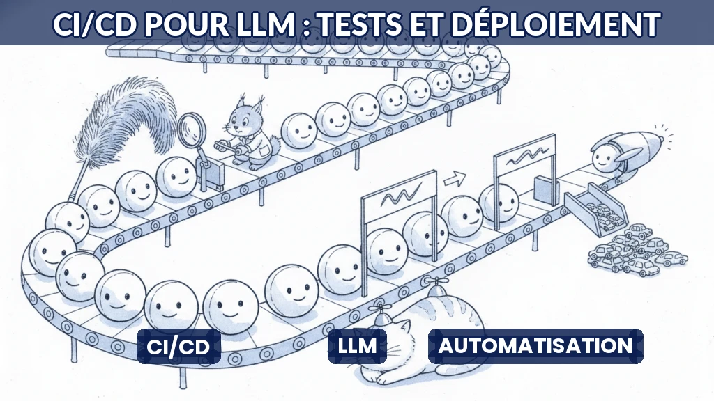 Illustration d'un pipeline CI/CD automatisé pour des modèles d'IA, avec flux de données et tests intégrés.