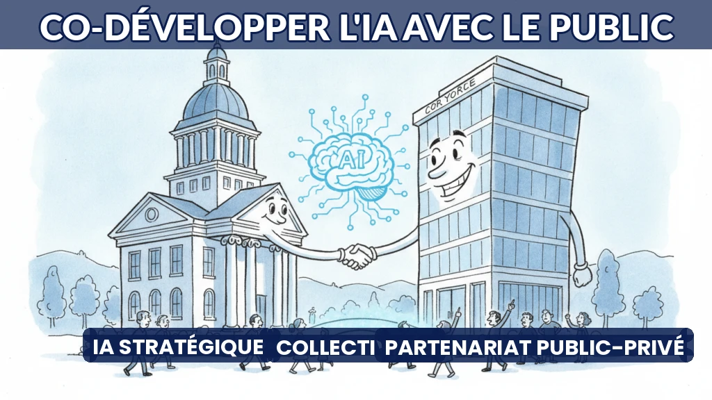 Illustration de partenaires publics et privés collaborant sur un projet d'IA.