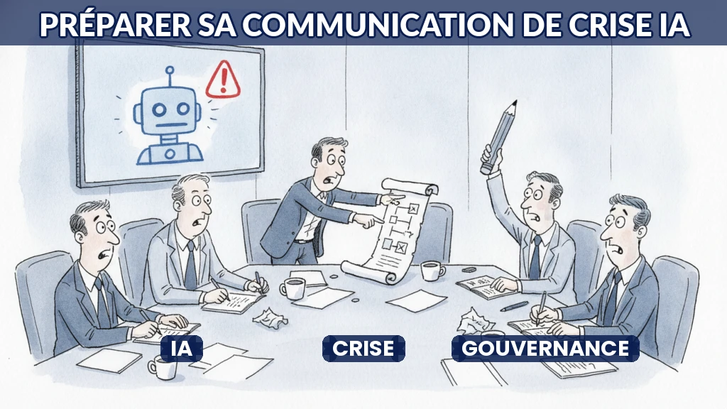 Illustration d'une équipe dirigeant une communication de crise liée à l'IA.