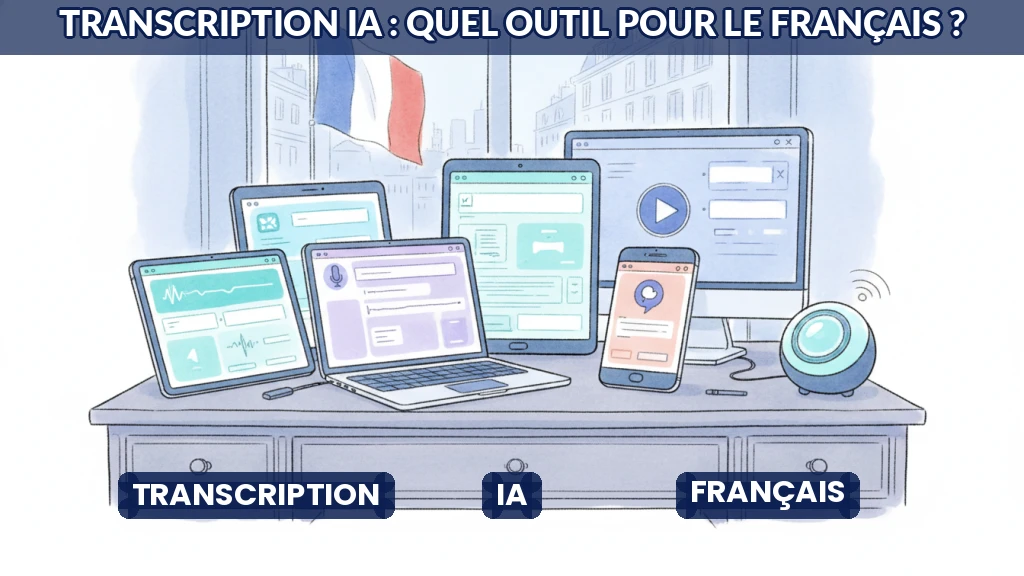 Illustration de cinq outils de transcription IA comparés sur un bureau numérique.
