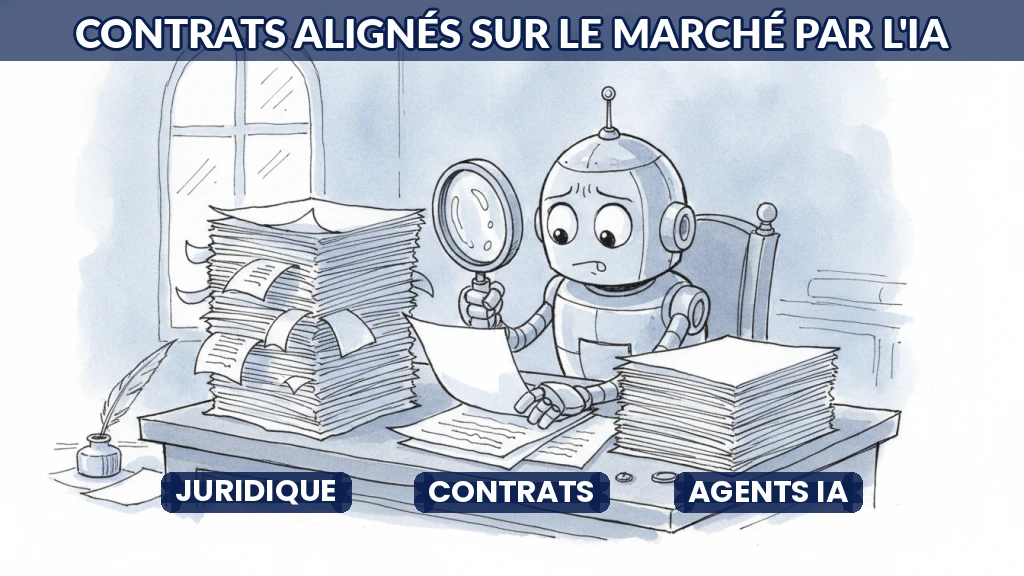 Illustration d'un agent IA analysant des contrats face à des normes juridiques