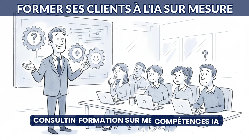 Illustration d'un consultant formant une équipe à l'IA avec des outils visuels simples.