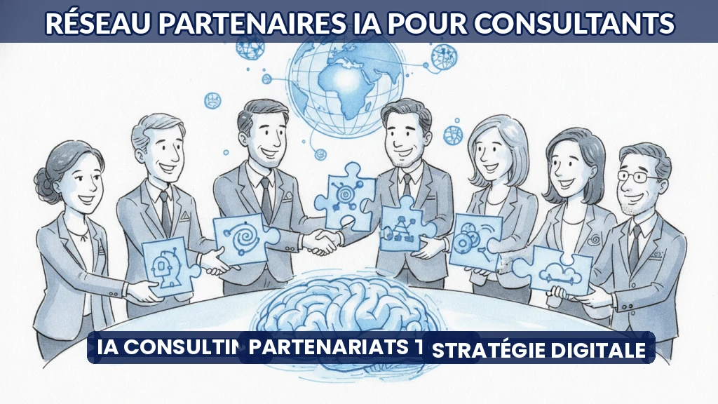 Illustration de partenaires technologiques collaborant autour d'une solution IA.