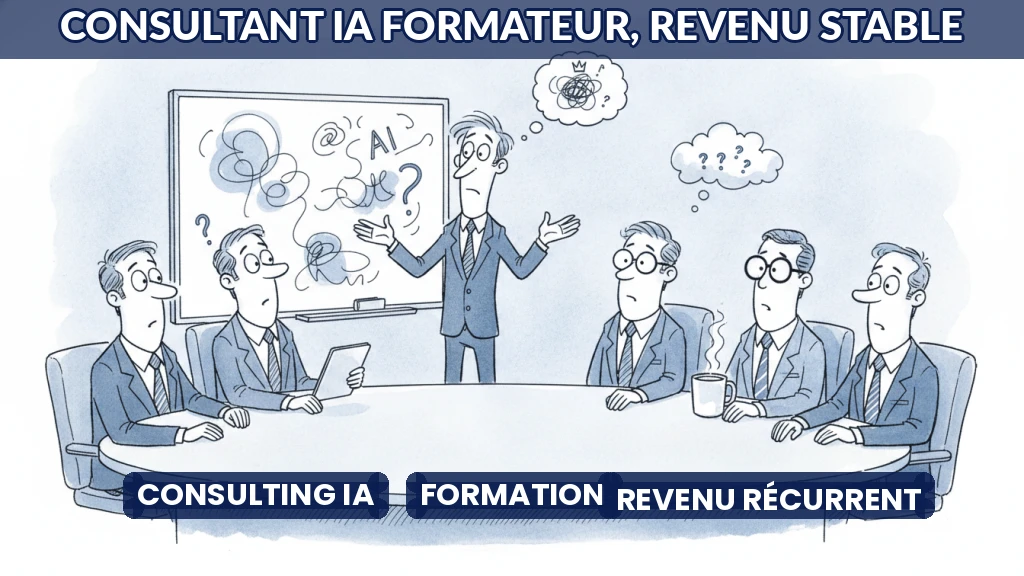 Consultant expliquant l'IA à des dirigeants autour d'une table, illustration douce et professionnelle.
