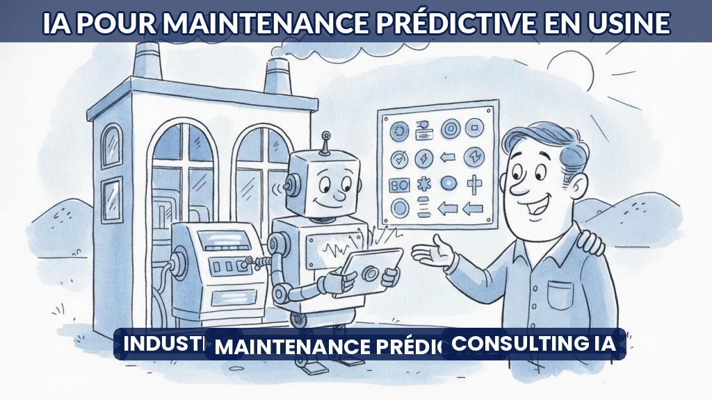Illustration d'une usine moderne utilisant l'IA pour la maintenance prédictive.