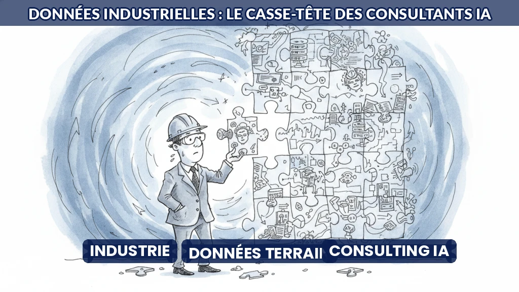 Illustration d'un consultant analysant des flux de données industrielles disparates sur un écran géant.