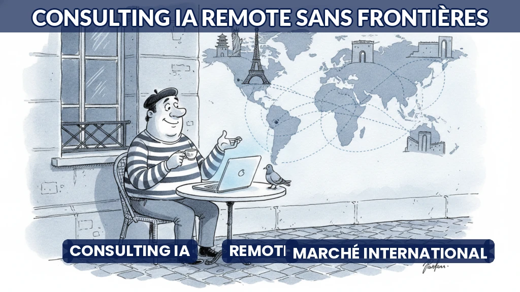 Consultant travaillant à distance sur un projet d'IA avec une carte du monde en arrière-plan.