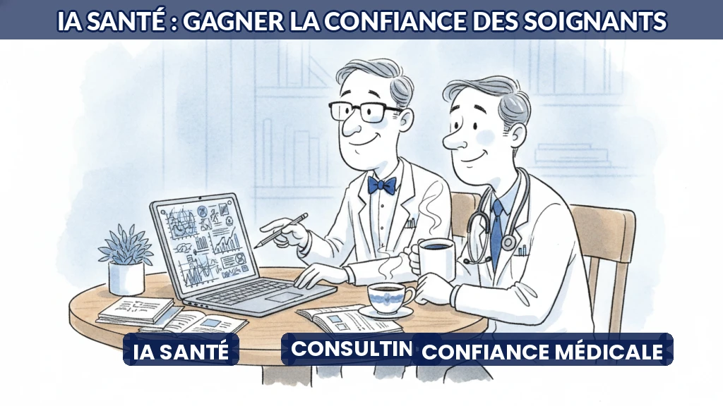 Médecin et consultant discutant autour d'un écran affichant des données médicales.