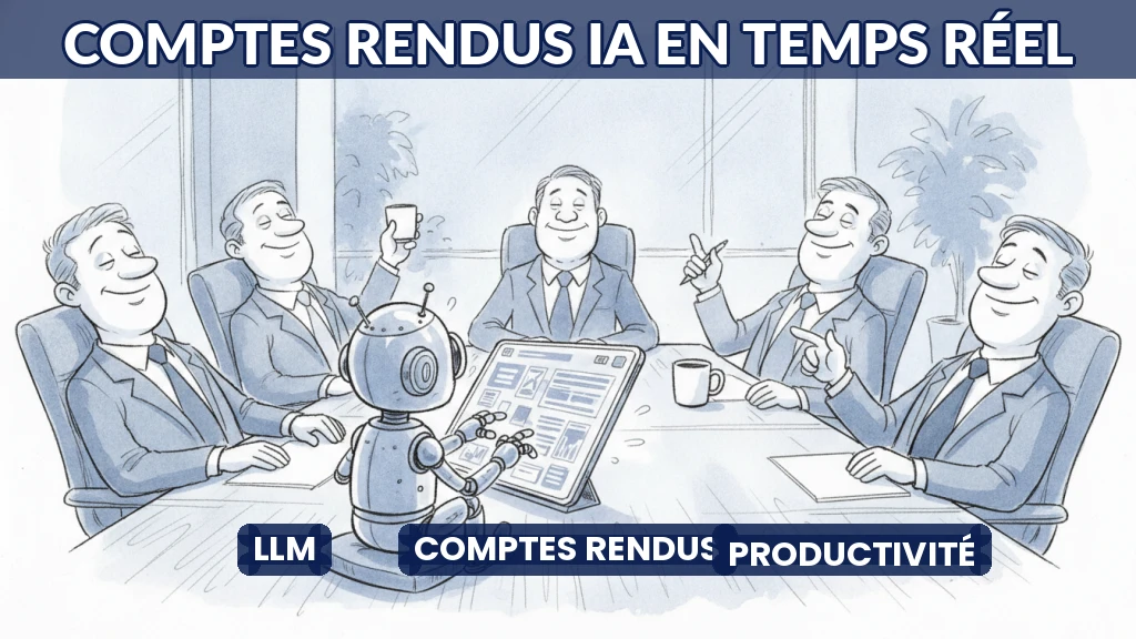 Illustration d'un assistant IA générant un compte rendu de réunion structuré.