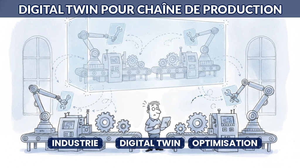 Illustration d'une usine numérique connectée à son jumeau digital.