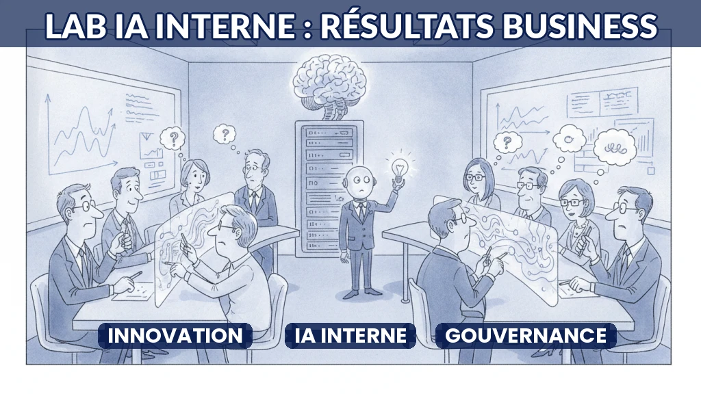Illustration d'un laboratoire d'innovation IA avec des équipes collaborant sur des projets concrets.