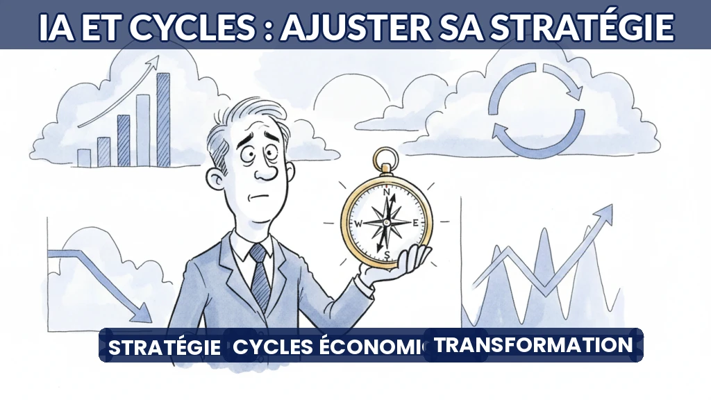 Illustration d'une boussole pointant vers des nuages et des données, symbolisant l'adaptation stratégique.