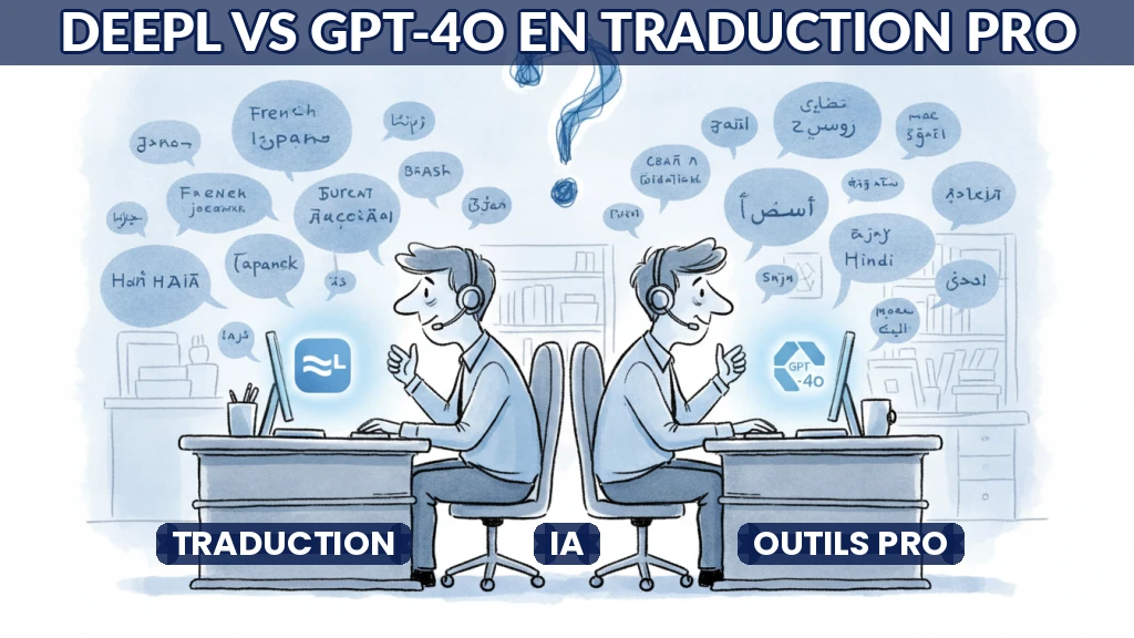 Illustration comparative de deux interfaces de traduction IA côte à côte.