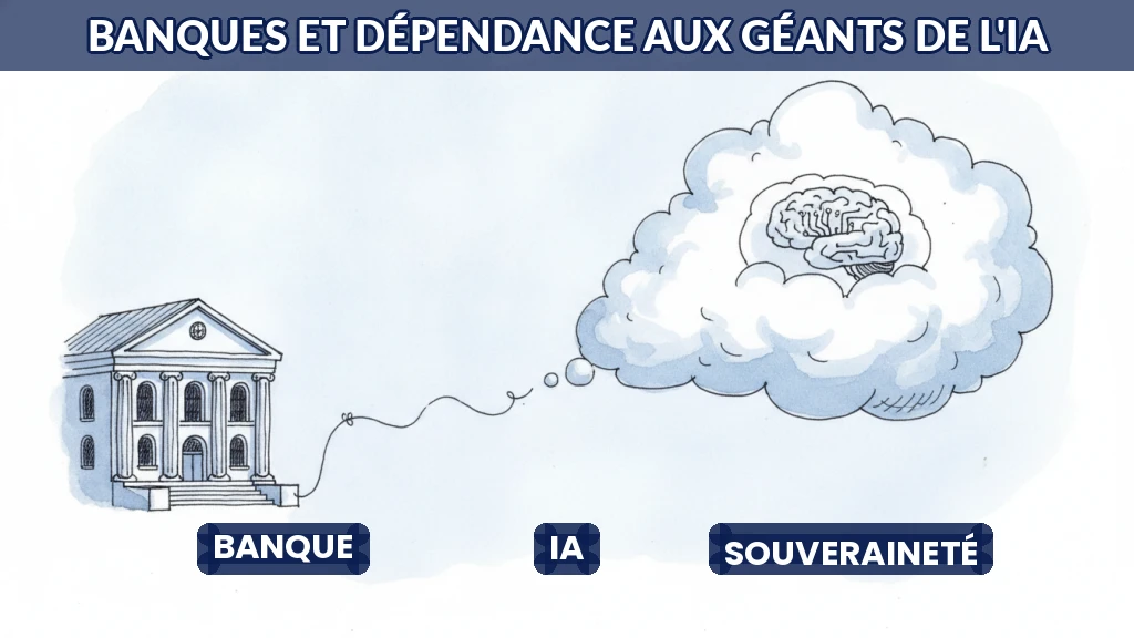 Illustration d'une banque européenne tirant un fil relié à un nuage américain, symbolisant la dépendance technologique.