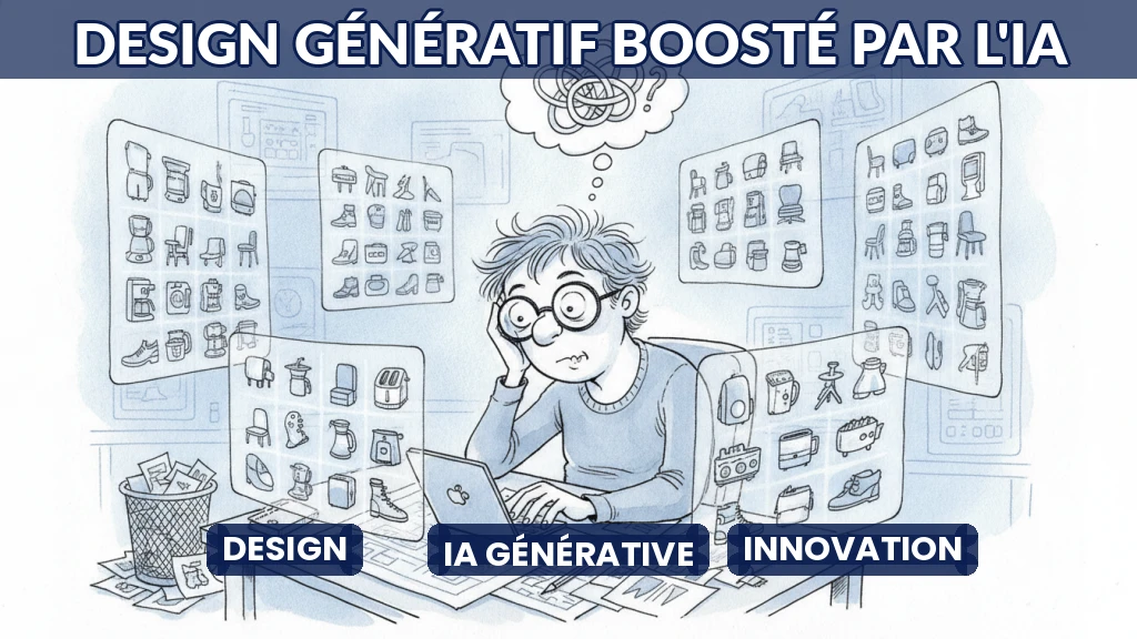 Illustration d'un designer utilisant une IA pour générer des variantes de design.