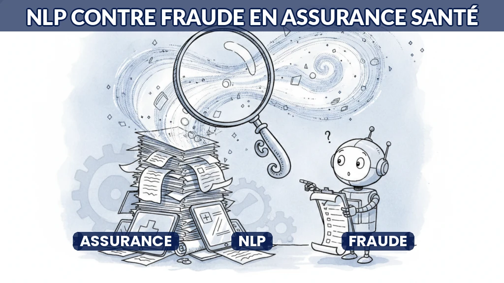Illustration d'un réseau de données analysant des dossiers médicaux pour détecter des anomalies.