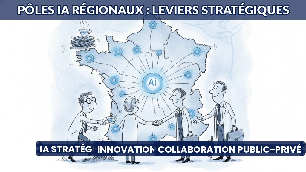 Carte de France stylisée avec des nœuds connectés représentant des pôles IA régionaux.