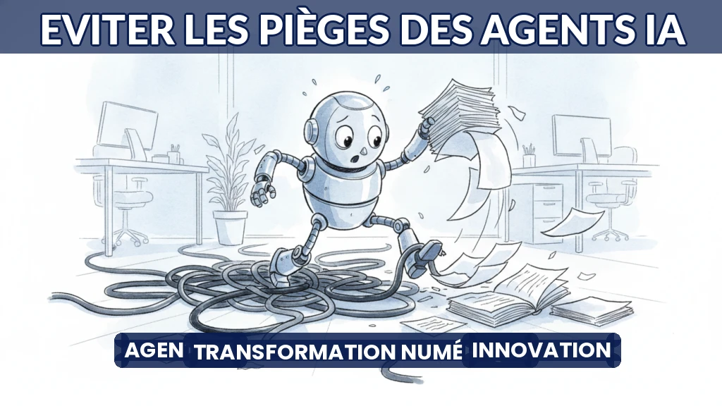 Illustration d'un agent IA trébuchant sur des obstacles symbolisant les erreurs courantes.