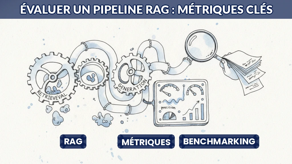 Illustration d'un pipeline RAG avec des indicateurs de performance et des outils d'évaluation.
