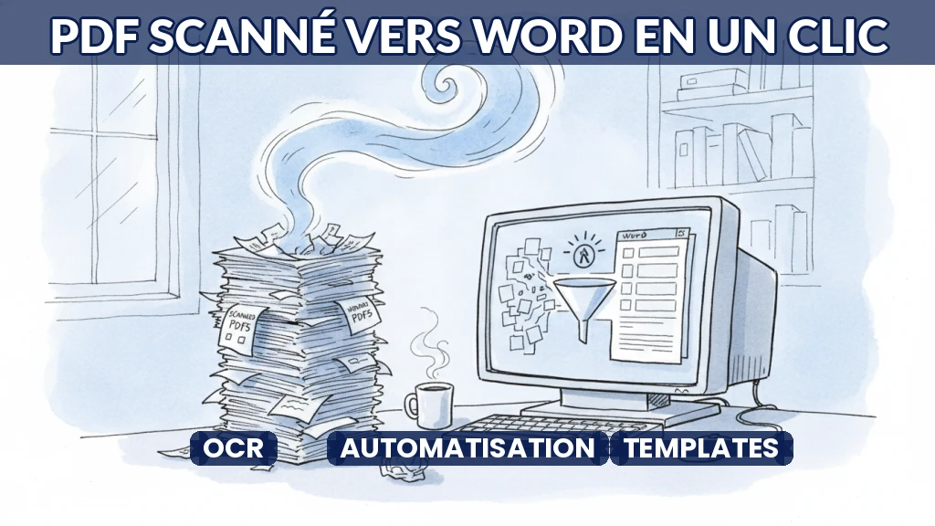 Illustration d'un document PDF scanné transformé en fichier Word structuré.