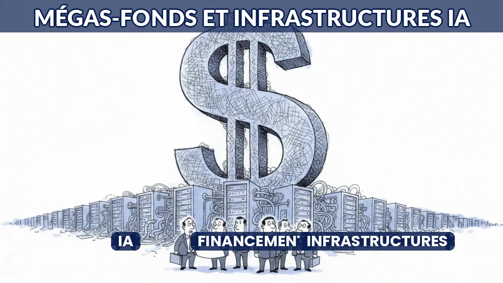 Illustration de serveurs et de flux financiers liés à l'IA.