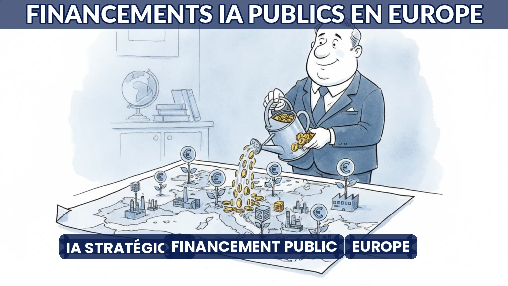 Carte stylisée de l'Europe avec des réseaux de données et des symboles de financement.