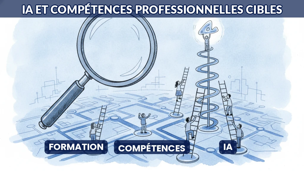 Illustration d'un système d'IA analysant des compétences professionnelles sur un écran.