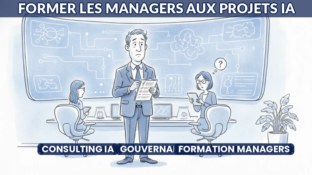 Illustration d'un manager analysant un tableau de bord IA avec des données structurées.
