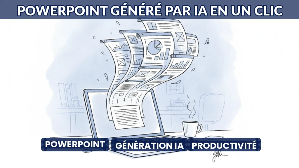 Illustration d'un ordinateur générant une présentation PowerPoint à partir d'un texte.