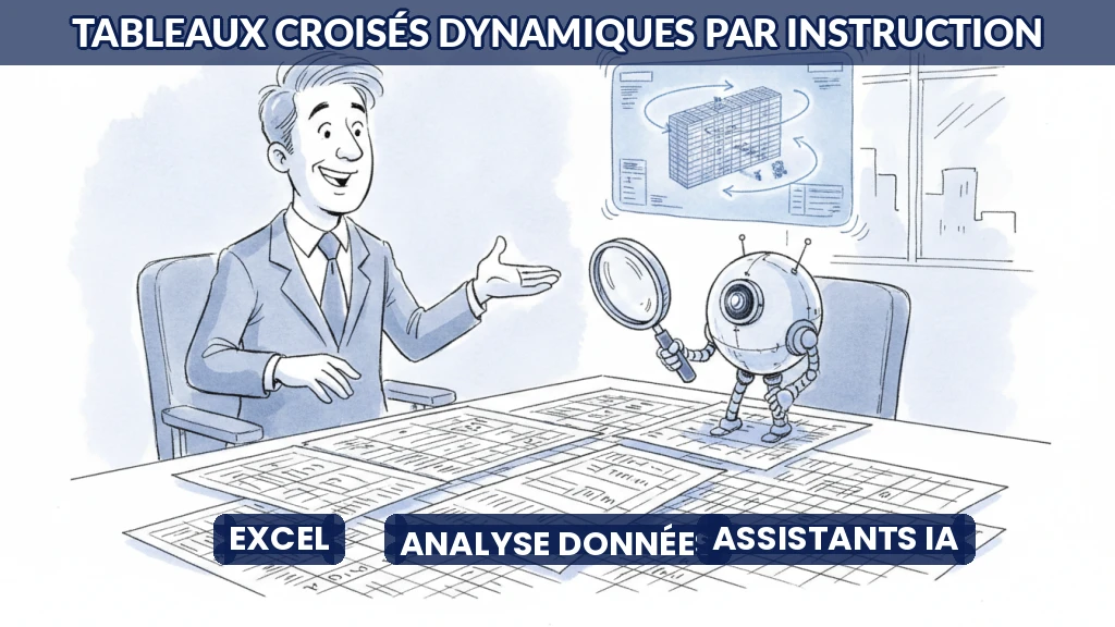 Illustration d'un tableau croisé dynamique généré par une instruction en français sur un écran d'ordinateur.