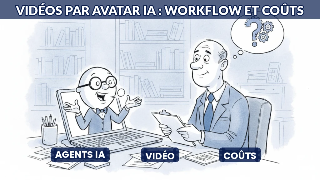 Illustration d'un avatar IA générant une vidéo sur un écran d'ordinateur.