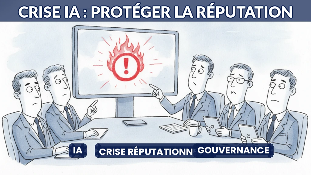 Illustration d'une équipe dirigeante analysant une alerte sur écran lors d'une crise IA.