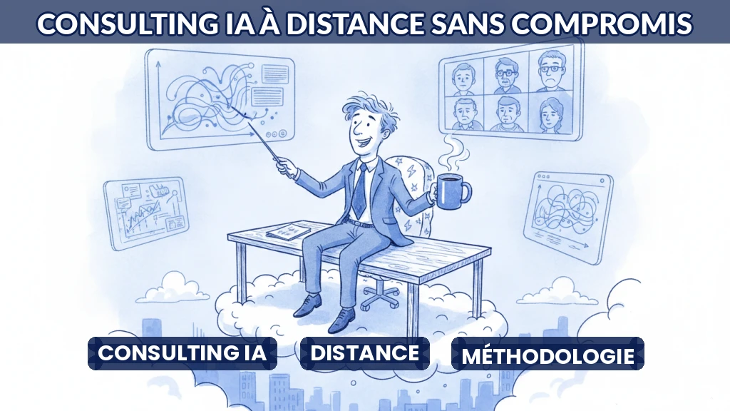 Consultant en IA travaillant à distance avec des outils collaboratifs.