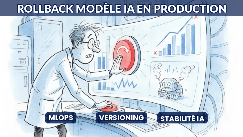 Illustration d'un tableau de bord de monitoring de modèles d'IA avec bouton de rollback.