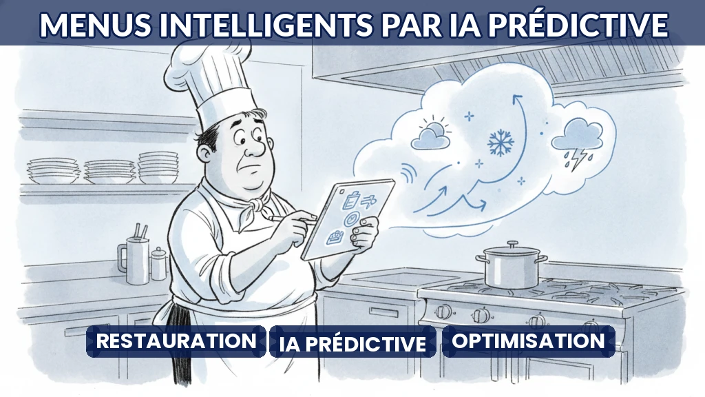 Illustration d'un chef ajustant un menu numérique avec des données en arrière-plan.