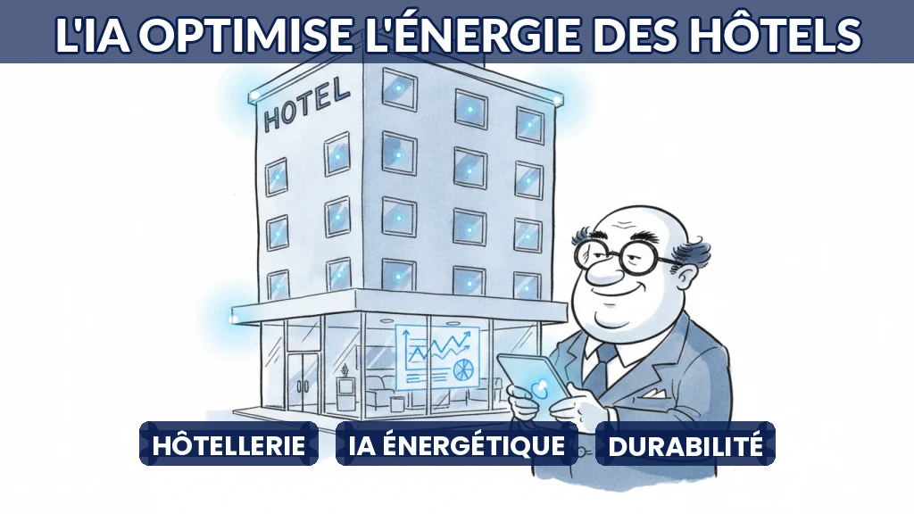 Illustration d'un hôtel avec des capteurs intelligents et une interface IA pour la gestion énergétique.